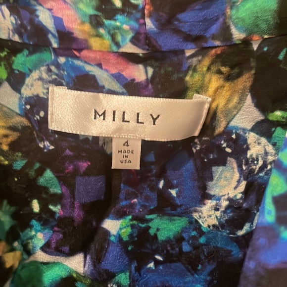 Long sleeve diamond 💎 print silk tie blouse by Milly size 4 small made in USA - Picture 3 of 6
